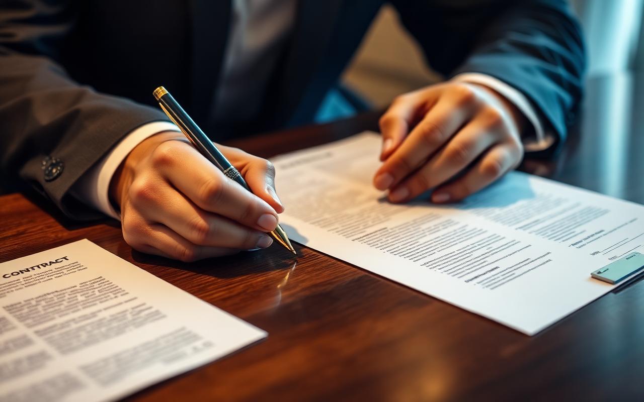 Mãos assinando contrato imobiliário com caneta dourada