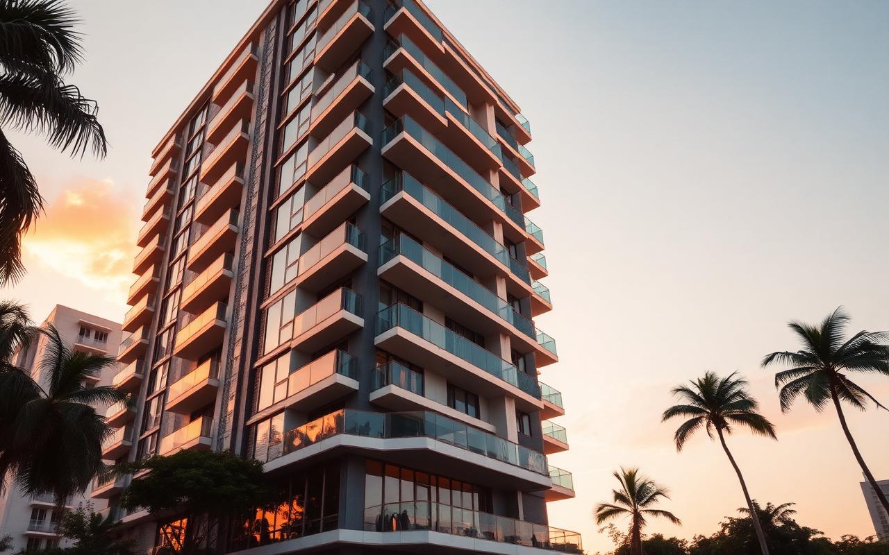 Edifício residencial moderno em Curitiba ao entardecer